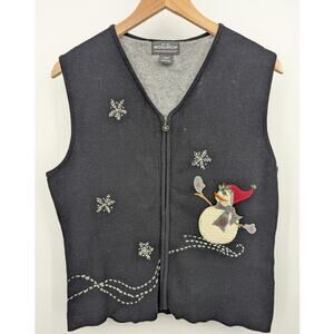Vintage Woolrich Snowman Embroidered Sweater Vest Women’s Size M Winter Zip Knit